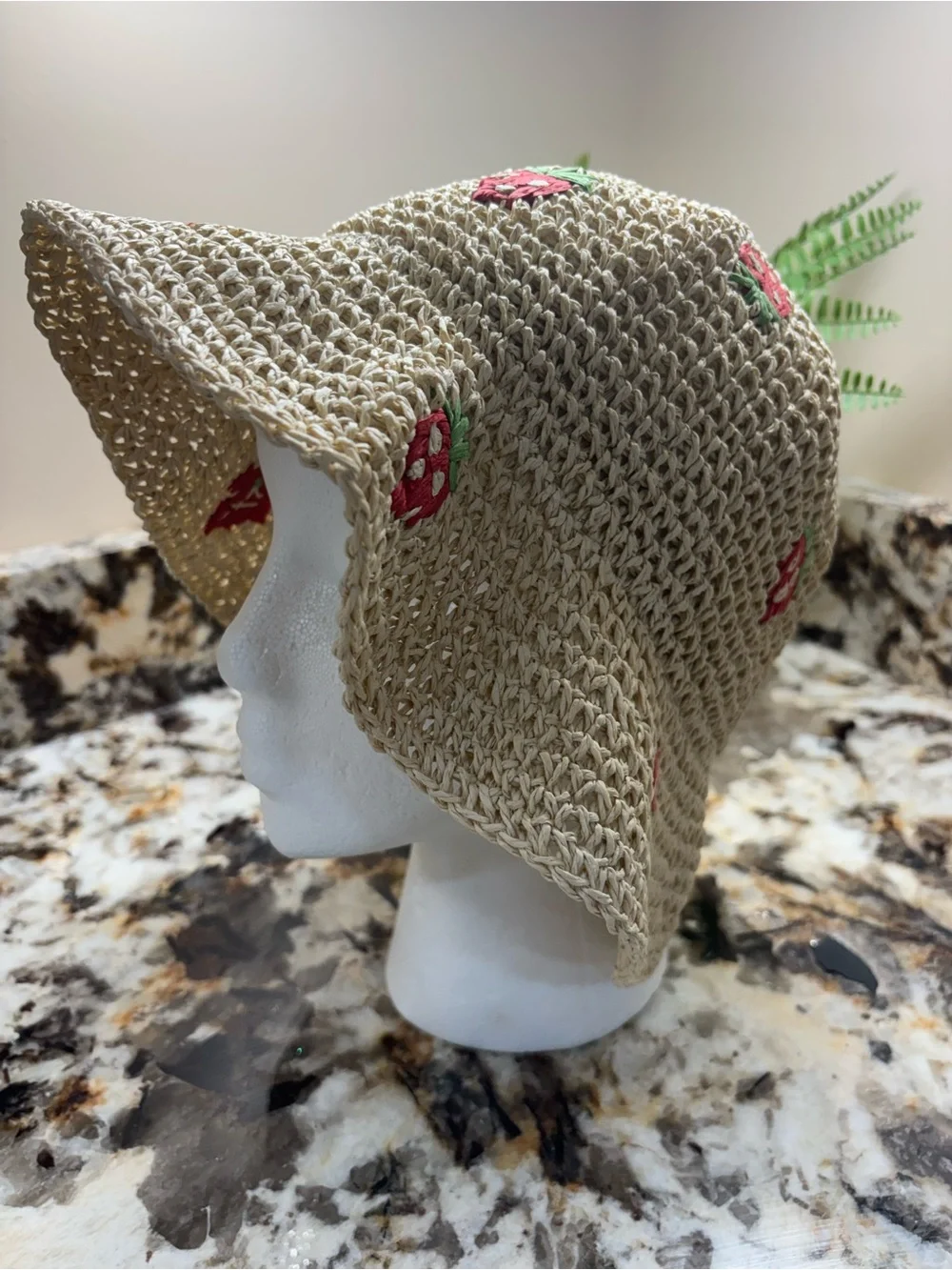 🍓 Straw Knit Bucket Hat with Red Strawberry Embroidery 🍓